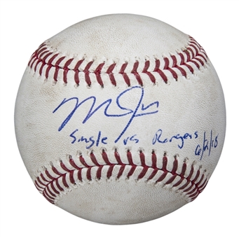 2018 Mike Trout Game Used, Signed & Inscribed OML Manfred Baseball Used On 6/2/18 For A Single (MLB Authenticated) 